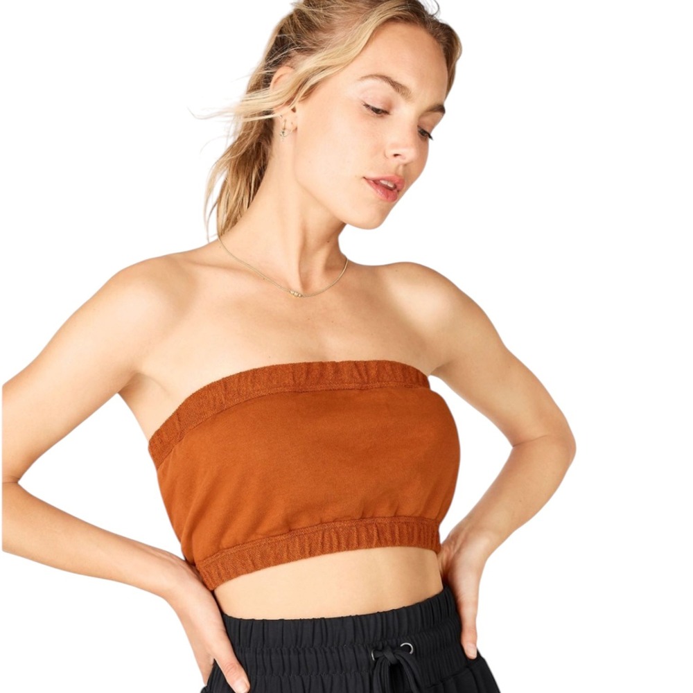 Fabletics Jaelyn Bandeau Rust Brown Shirred Strapless Crop Top Size M/8 NWT